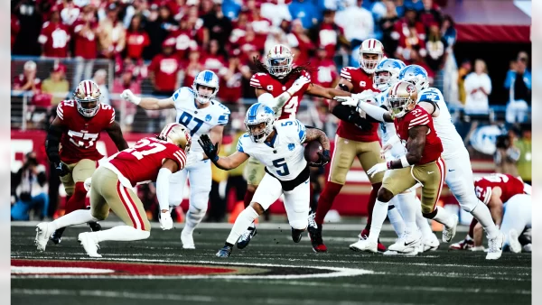 Detroit Lions running back David Montgomery (5) during an NFC Championship football game against the San Francisco 49ers on January 28, 2024 in Santa Clara. (Detroit Lions via AP)